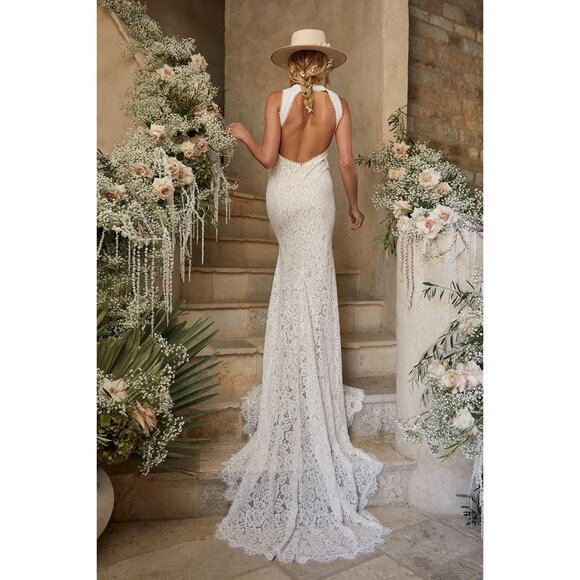 Lulus Small White Lace Sleeveless Bridal Gown With Open Back & Train NEW - Picture 3 of 12